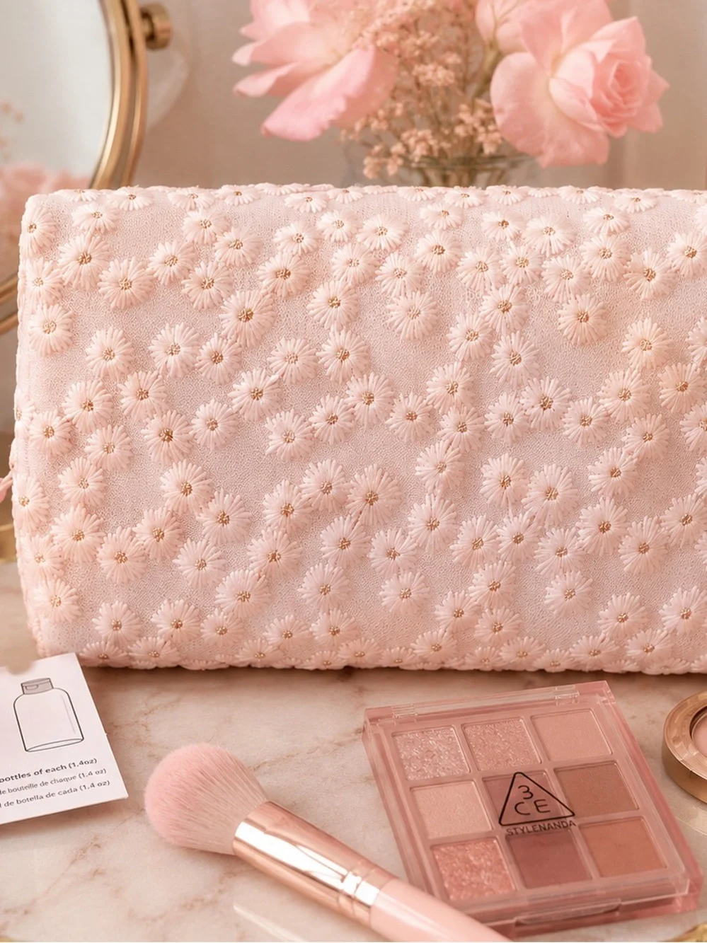 Pink Floral Lace Makeup Bag - Women's Cosmetic Pouch